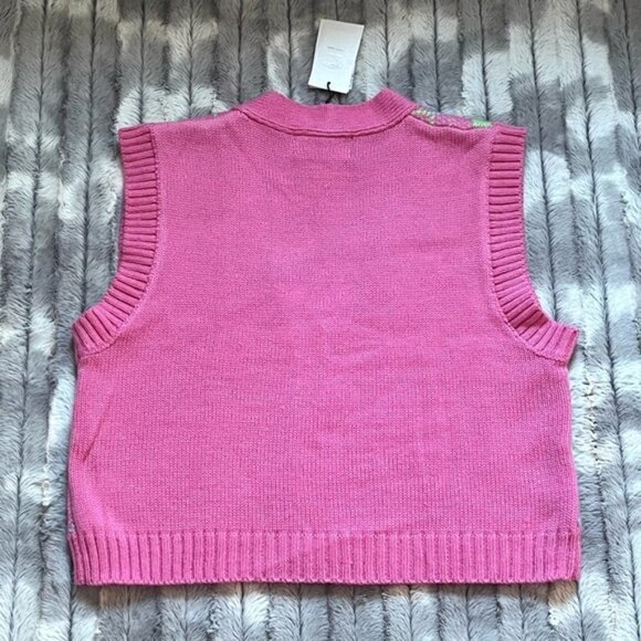 CIDER Soft Diamond Check Pattern Patchy Knit Button Front Vest Pink Size Large - Picture 4 of 8